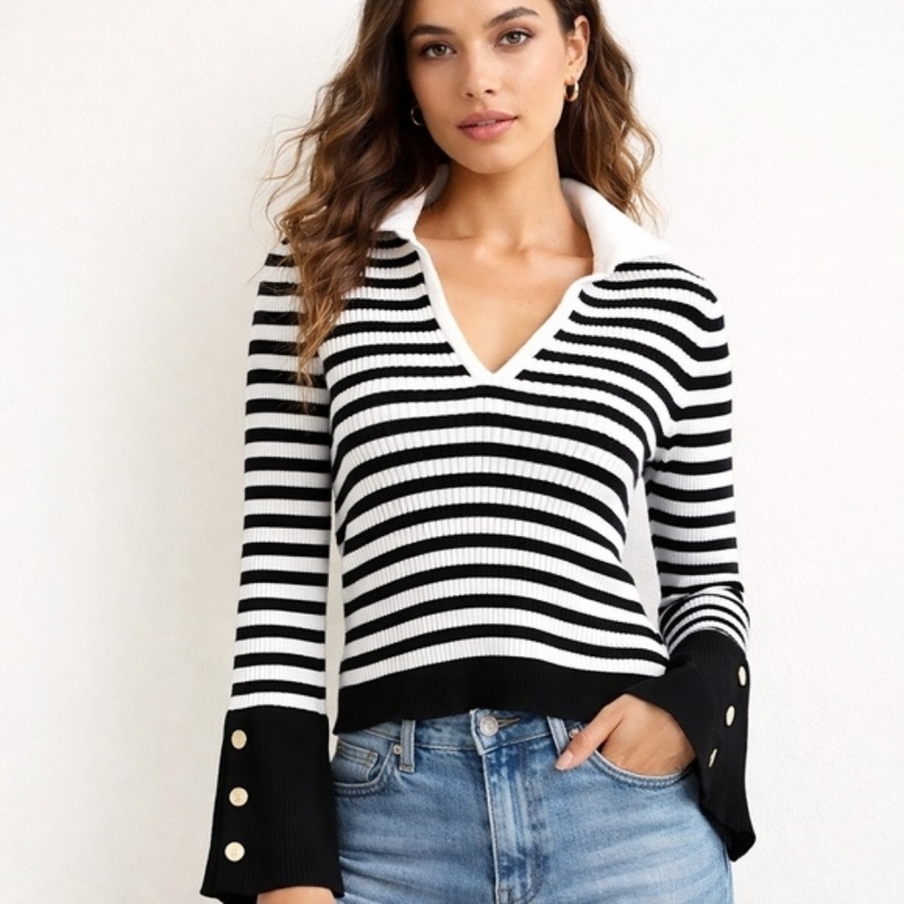 Maeve x Anthropologie arlowe polo bell sleeve striped rugby sweater